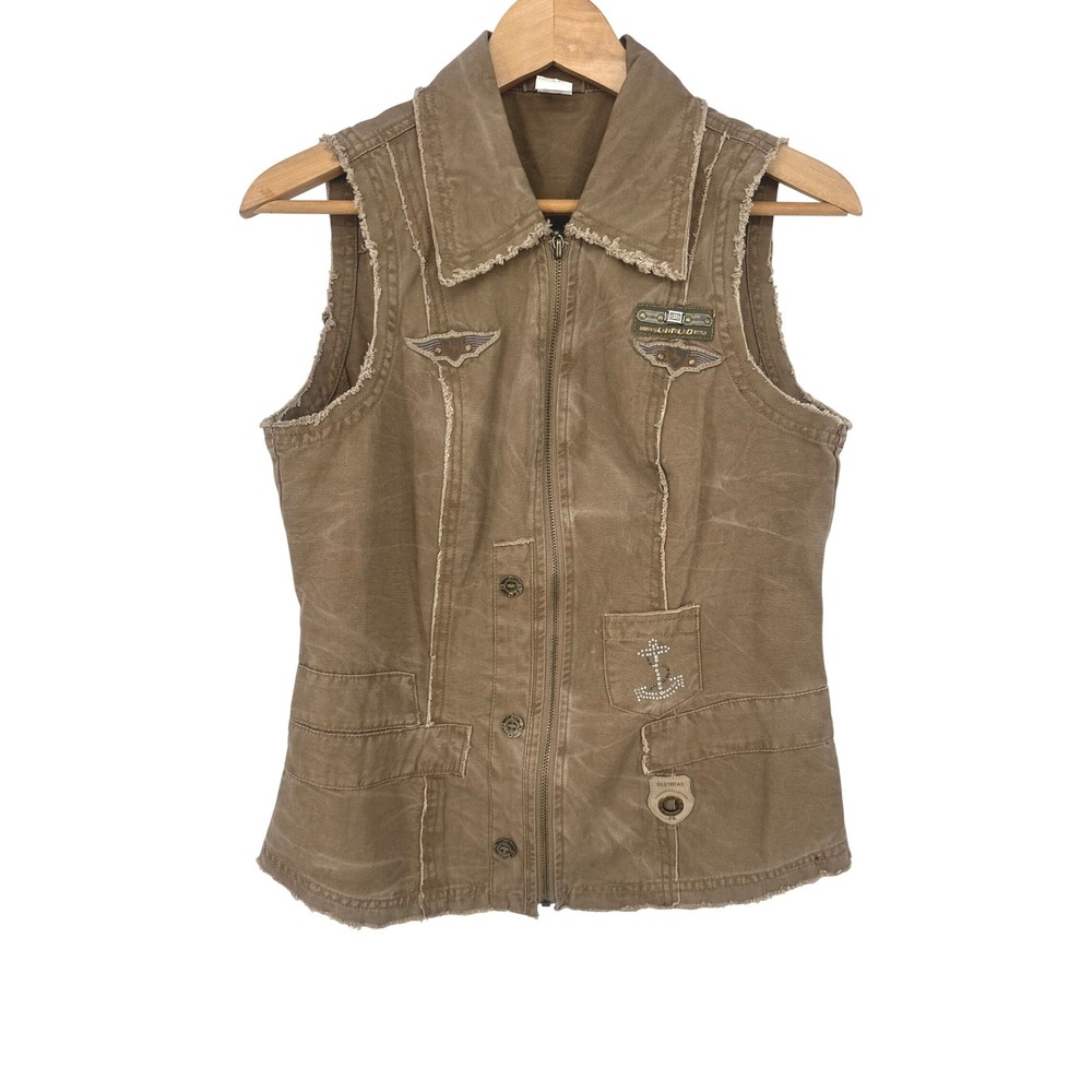 MURMUR Vest Women M Brown Moto Rhinestone Anchor Studded Y2K Utility Gorpcore